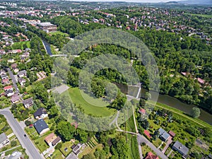 Aerial view from Cesky Tesin to Cieszyn with peasant bridge over river Olse. Border between Czech republic and Poland photo