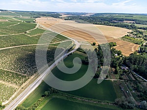 Aerial view on Chablis Grand Cru appellation vineyards with grapes growing on limestone and marl soils, Burdundy, France