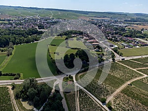 Aerial view on Chablis Grand Cru appellation vineyards with grapes growing on limestone and marl soils, Burdundy, France