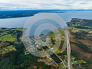 Aerial view of Chacao Channel on Chiloe Island, Chile photo