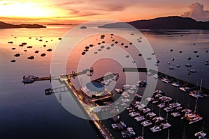 Aerial view of Chalong Pier during sunrise in Phuket, Thailand