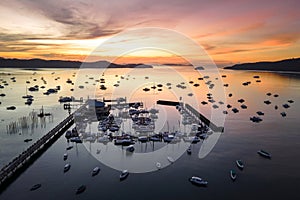 Aerial view of Chalong Pier during sunrise in Phuket, Thailand