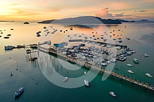 Aerial view of Chalong Pier during sunrise in Phuket, Thailand