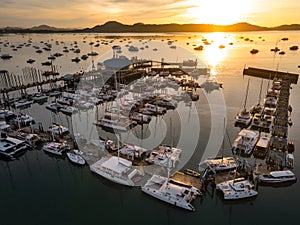 Aerial view of Chalong Pier during sunrise in Phuket, Thailand