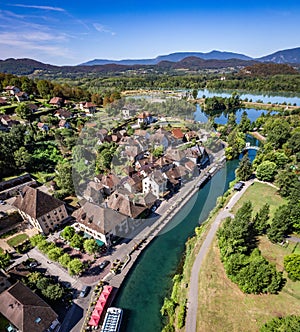 Aerial view of Chanaz, Canal de Savieres in Savoie, France