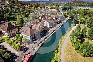 Aerial view of Chanaz, Canal de Savieres in Savoie, France