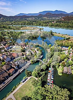 Aerial view of Chanaz, Canal de Savieres in Savoie, France