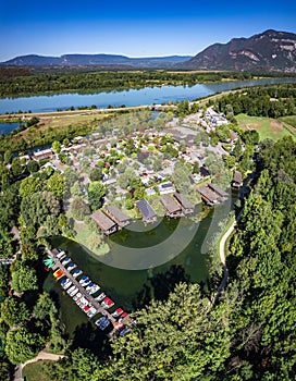 Aerial view of Chanaz, Canal de Savieres in Savoie, France