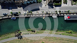 Aerial view of Chanaz, Canal de Savieres in Savoie, France