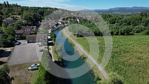 Aerial view of Chanaz, Canal de Savieres in Savoie, France