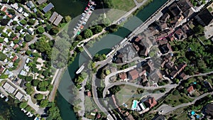 Aerial view of Chanaz, Canal de Savieres in Savoie, France