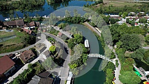 Aerial view of Chanaz, Canal de Savieres in Savoie, France