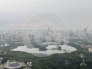 Aerial view of Changsha City, Hunan, China. Day view, cityscape, lake.