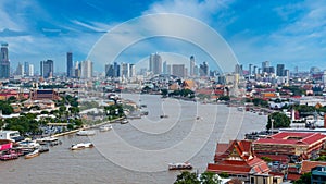 Aerial view Chao Phraya River Bangkok city urban downtown skyline of Thailand, Wat Arun Temple, Grand palace and Wat phra keaw,