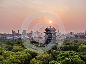 Aerial view of Chaoran Pagoda of Daming Lake Park in Jinan.