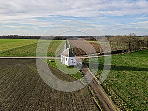 Aerial view of a The chapel of Try au Chene, rural chapel located in Bousval, Belgium