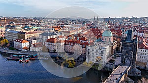 Aerial view Charles Bridge of the old town in Prague, Czech Republic