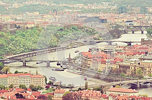 Aerial view of Charles Bridge over Vltava river and Old city. Pr