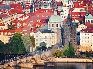 Aerial view of Charles Bridge over Vltava River and Old city in Prague