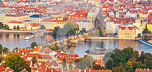 Aerial view of Charles Bridge over Vltava River and Old Town in Prague