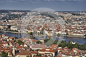 Aerial view of Charles Bridge over Vltava river in Prague, Czech Republic