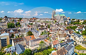 Aerial view of Chartres city with the Cathedral. A UNESCO world heritage site in Eure-et-Loir, France