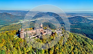 Aerial view of the Chateau du Haut-Koenigsbourg in the Vosges mountains. Alsace, France