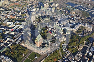 Aerial view of Chateau Frontenac hotel and Old Port in Quebec Ci
