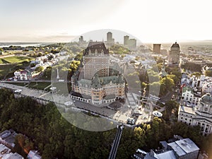 Aerial helicopter view of Chateau Frontenac hotel and Old Port in Quebec City Canada. photo