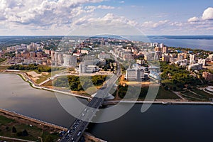 Aerial view of Cheboksary on Volga River in summer, Chuvashia, Russia
