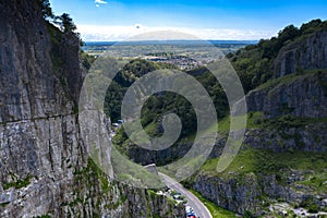 Aerial view of Cheddar Gorge, Mendip Hills, Somerset, England