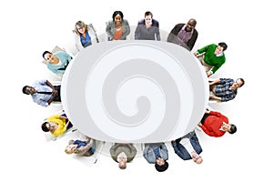 Aerial View Cheerful People Looking Up Conference Table