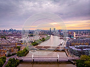 Aerial view of Chelsea bridge and central London, UK photo