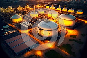 aerial view of chemical industry plant with oil and gas chemical tank at twilight