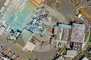 Aerial view chemical industry production building with tanks for the storage of materials