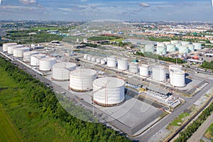 Aerial view of Chemical industry storage tank and tanker truck In wailting in Industrial Plant to tranfer oil to gas station