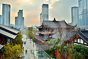 Aerial View of Chengdu Temple and Financial District