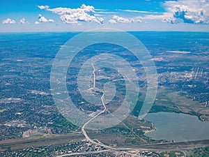 Aerial view of Cherry Creek Reservoir, view from window seat in an airplane