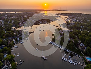 Aerial view of Chesapeake Bay of Annapolis, Maryland at sunrise