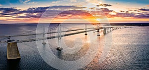 Aerial view of Chesapeake Bay Bridge at sunset.