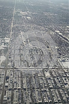 Aerial view of Chicago city landscape after snowfall