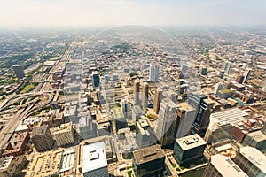 Aerial view of Chicago downtown at foggy day