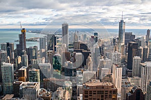 Aerial view of Chicago downtown with high rise buildings and lake michigan