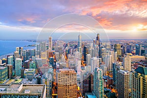 Aerial view of Chicago downtown skyline at sunset