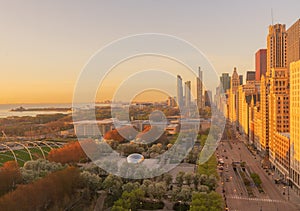 Aerial View of Chicago Dowtown and Michigan Avenue in Spring at Sunrise