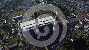 Aerial view chimneys on industrial plant. Industrial pipe on chemical factory