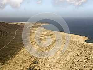 Aerial view of Chinijo Archipelago of La Graciosa, Lanzarote, Canary Islands. Spain. La Aguja Grande mountain