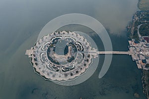 Aerial view of Chongyuan Temple, located along Yangcheng Lake at Suzhou Industrial Park, Suzhou, China