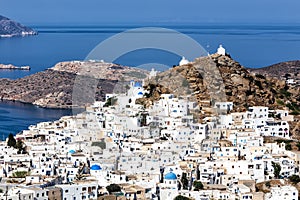 Aerial view of Chora town, Ios island, Cyclades, Aegean, Greece