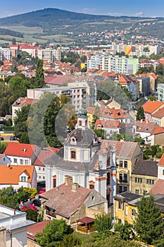 Aerial view of the Chram svateho Vaclava church and mountains in Litomerice